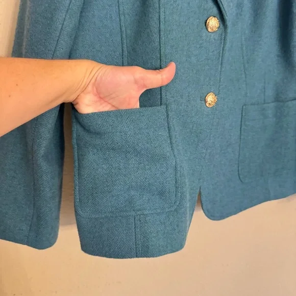 Talbots Jacket Blazer Teal Career Lined Gold Crest Buttons Wool Blend Size 10 - Picture 8 of 16